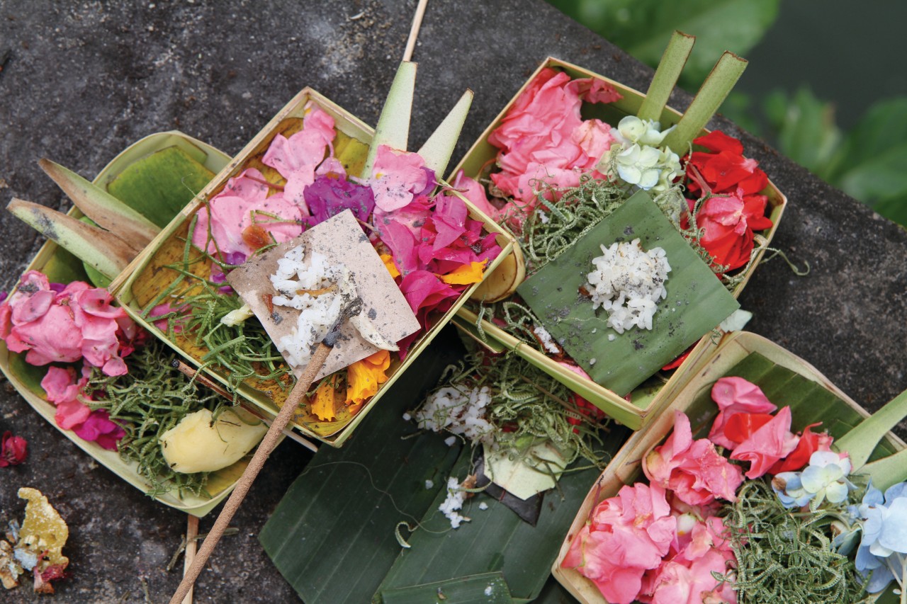 <p>Offrandes au temple Pura Taman Ayun.</p>